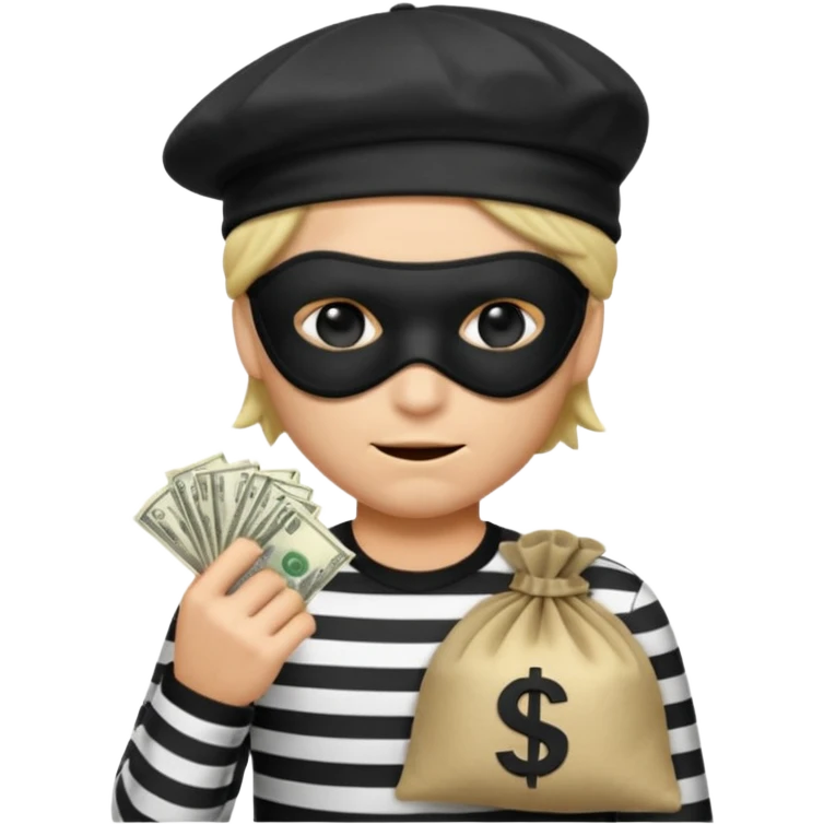 a short ios emoji-style portrait of a classic burglar, a black eye mask (looks like a blindfold) and a black-and-white striped shirt. emoji-like hair, black hat, ONE bag of money 💰 with a dollar sign in a right corner emoji