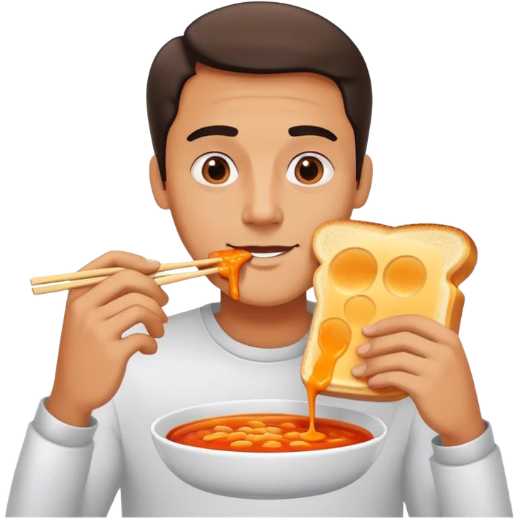 A man eating a grilled cheese sandwich with chopsticks and dipping it in hot sauce emoji