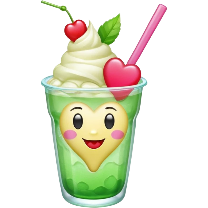 clear emoji-style of a green soda float with ice, vanilla ice cream scoop, two red cherries, pink heart-shaped straw, simple shapes, bright colors, glossy, kawaii style, centered, transparent background
 emoji