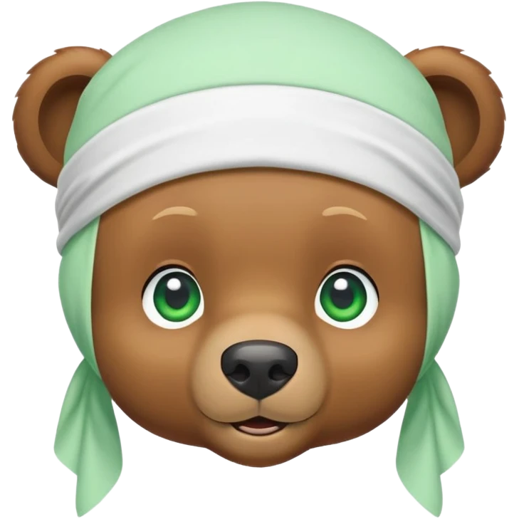 Cute brown bear head with green eyes wearing a white durag, hip style, iOS emoji style emoji