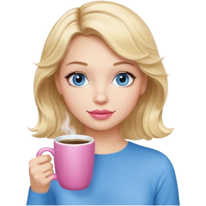 Girl Blonde short wavy hair,  blue eyes, cute blue top, long lashes, pink lips, holding white hot coffee mug emoji