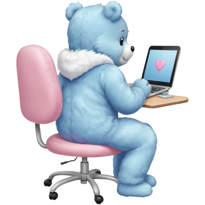Care bear back view, sit on a chair, working on a computer emoji