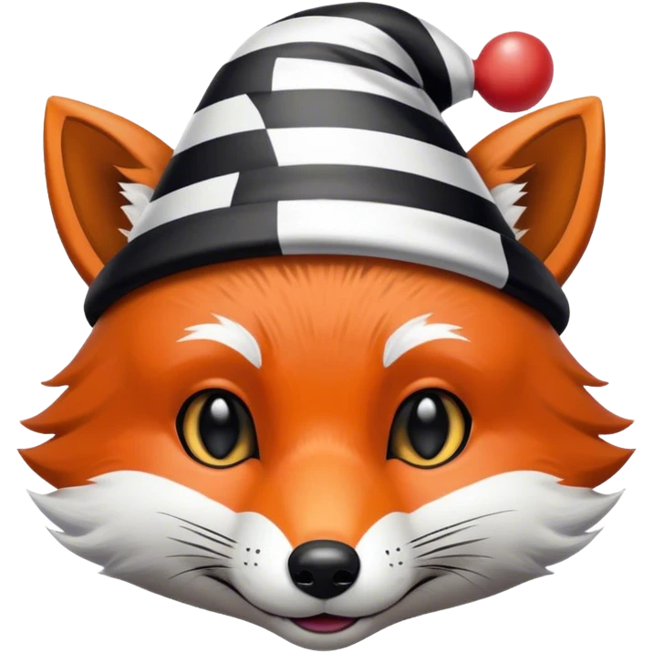 Renard fou avec des rayures noires et blanches portant un minuscule chapeau de clown sur la tête emoji