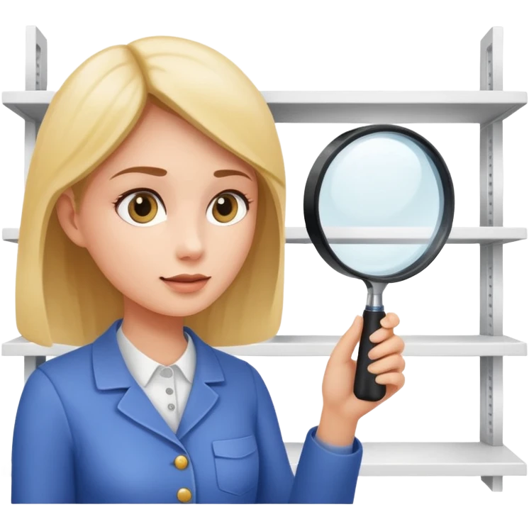 emoji of white empty shelf in perspective view with a woman nearby, she is looking at the shelfs with a magnifying glass emoji