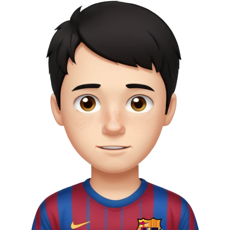 Un chico con pelo liso, demasiado pelo desordenado y negro, tiene pecas, brackets, ojos cafés oscuros y con una camisa del Barcelona emoji
