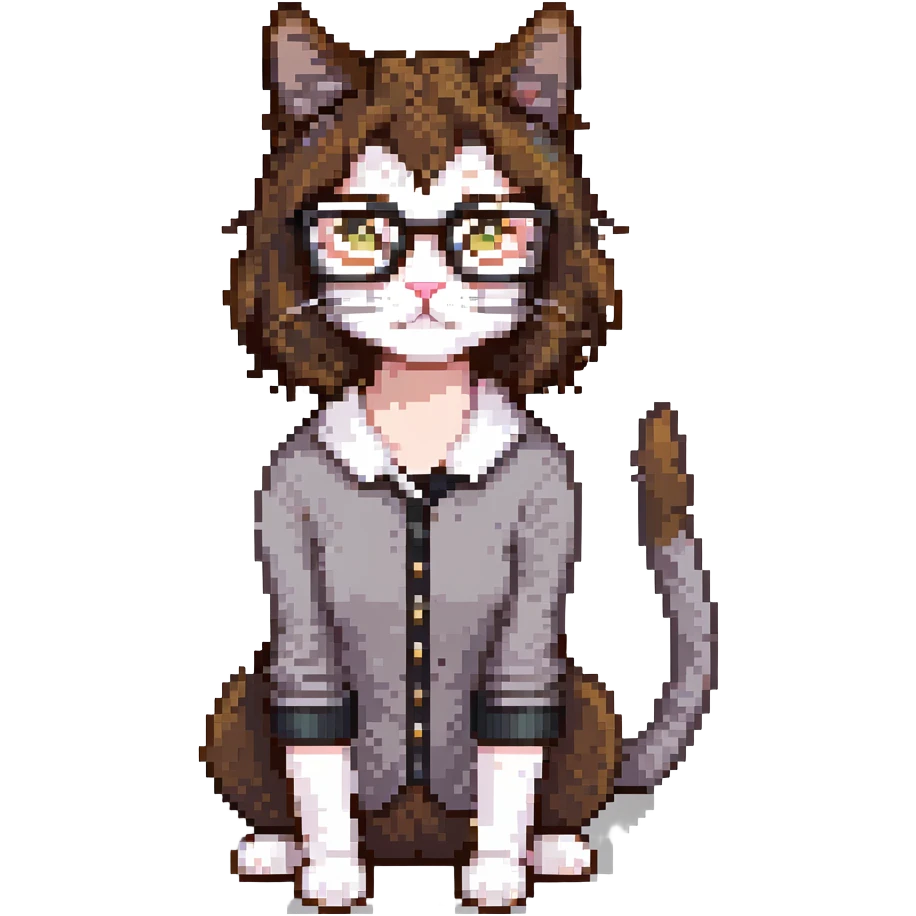 Cat-lady with dark brown hair, square glasses, hazel eyes, and pale skin emoji