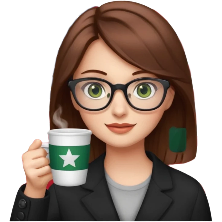 Девушка на фоне флага америки в очках и с кофе, коричневые волосы и зеленые глаза emoji