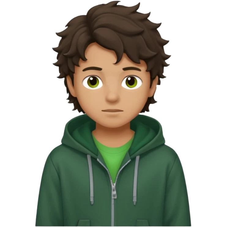 a 14 year old slightly tanned teenage boy with dark brown tousled wavy hair, wearing a green tshirt, with a dark green hoodie overcoat emoji