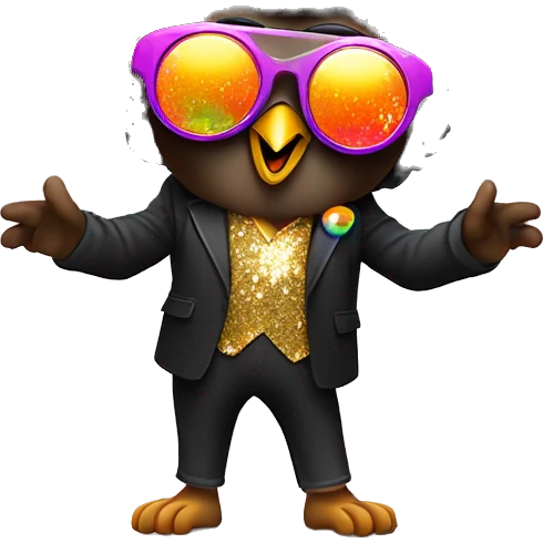  A cute short stubby brown owl with a black Afro and disco sun glasses and a colorful disco suit doing a pose with one finger in the air full body dance emoji