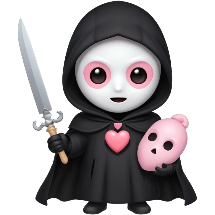 > "Cute chibi Ghostface with big shiny eyes, blush on mask, small rounded body, black cloak with heart buttons, holding a toy knife or pink phone. Pastel colors, kawaii style, soft sparkly background."
 emoji