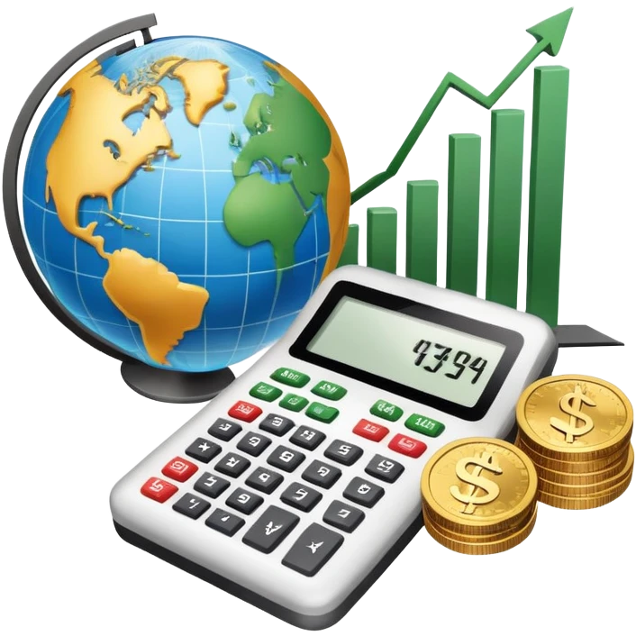 An icon featuring a calculator, a dollar sign, and a chart with upward trends, symbolizing economics. The design includes coins, bills, and a globe, representing global trade and financial systems. Transparent background highlights the study of markets, supply, and demand. emoji