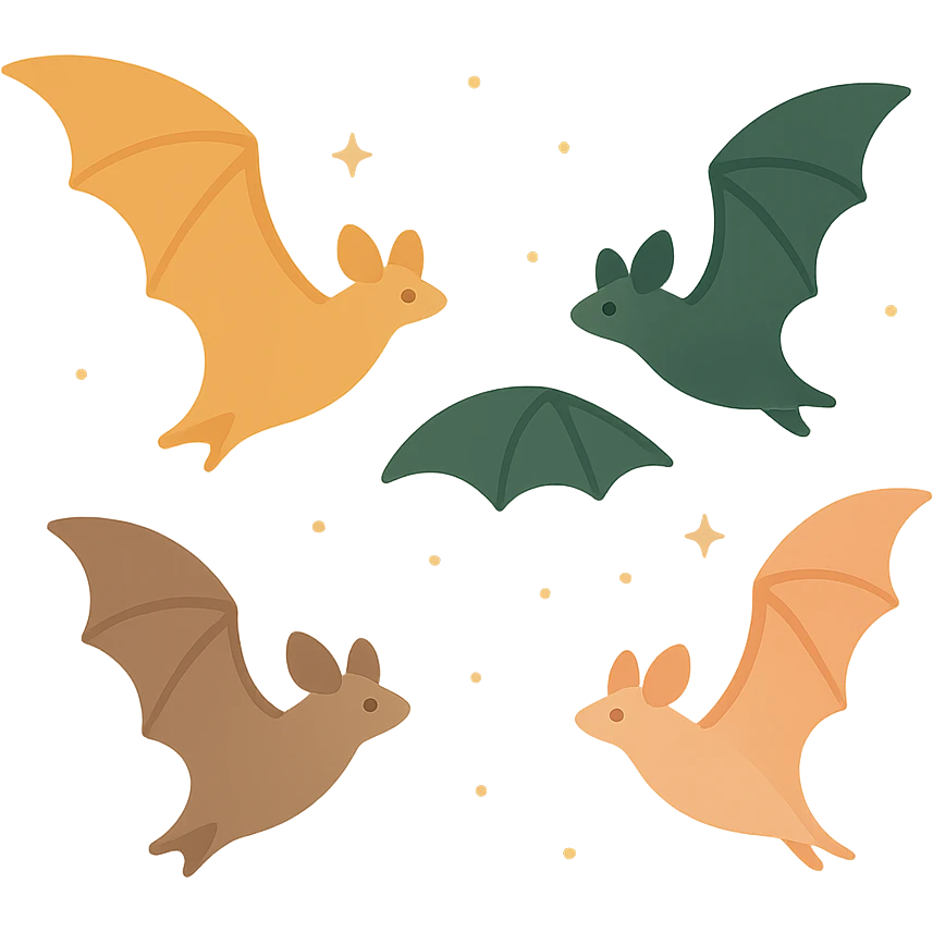 A group of flying bats in mid-air, illustrated in a stylized, artistic way using a warm, earthy color palette: golden orange (FA9B41), deep forest green (4A7C5C), muted taupe brown (96775A), and soft pastel peach (FFCC9A). The bats have sleek wings with subtle color gradients, and their bodies are small and streamlined, featuring elegant silhouettes. The sky around them has a magical, twilight glow with faint sparkles or mist, enhancing the enchanted atmosphere. The overall style is whimsical and soft, with a balance between natural and fantastical elements. emoji
