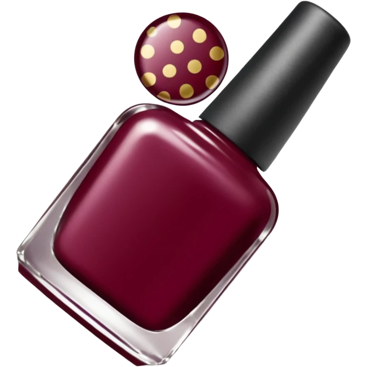 burgundy nail polish bottle, nail polish has light gold iridescence, cap is black with white polka dots, cinematic emoji emoji