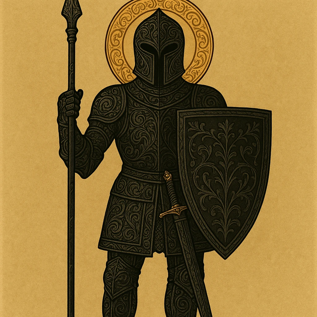 Add more intricate and detailed armor engravings, emphasize ornate black metalwork, keep dramatic fantasy style. emoji