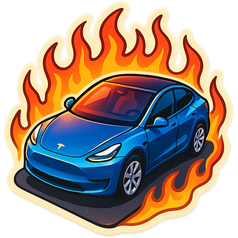 A Tesla Model Y parking in a driveway, from above, with fire around emoji