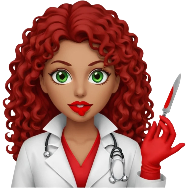 Lilith symbol sexy evil woman. She has green eyes.  had brown long curly hair.  evil surgeon kills with scalpel wears red sexy doctor coat with red mouth cover red gloves. Covers nose, neck  and mouth with red face berka emoji