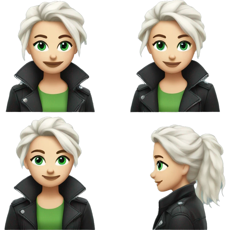 young woman with white hair in messy bun wearing a leather jacket with blue green eyes playful smirk emoji