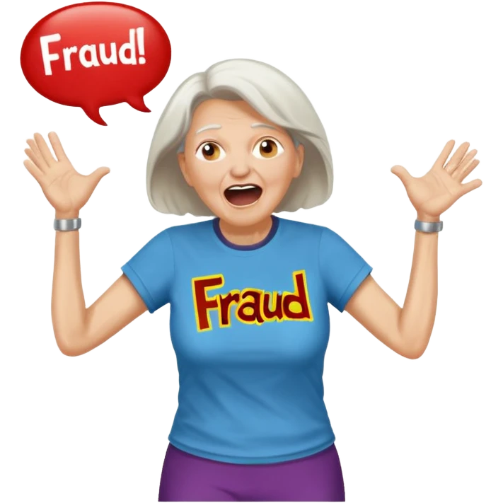 Older Woman jumping screaming and word “fraud” in a bubble emoji