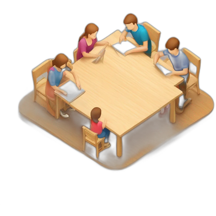 isometric square transparent solid outline border woodworking teacher with student teaching in creative workshop on long table emoji