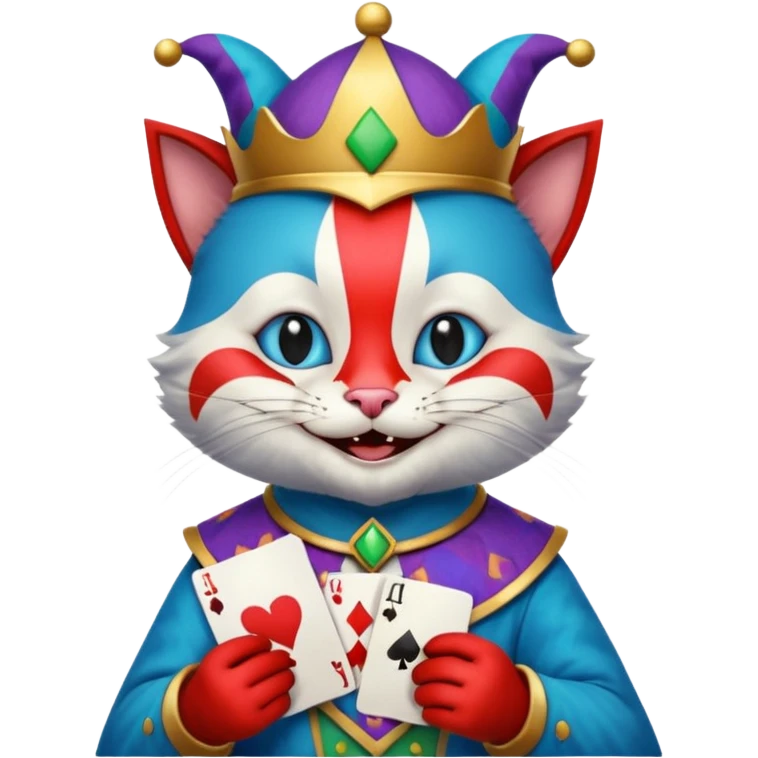 crazy colorful cute little cat jolly joker from poker, medieval, vintage, court jester, mac os squared icon, blue color emoji