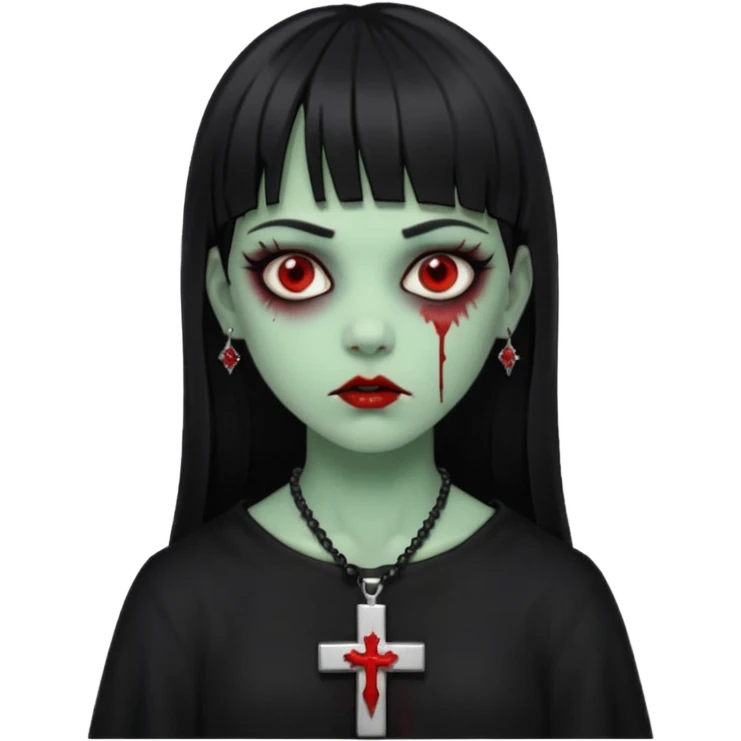 zumbi verde com olhos vermelhos sangrando e franja roupa preta e um crucifixo como colar, sem ser na testa e um piercing no nariz bem feminino a franja reta também  emoji