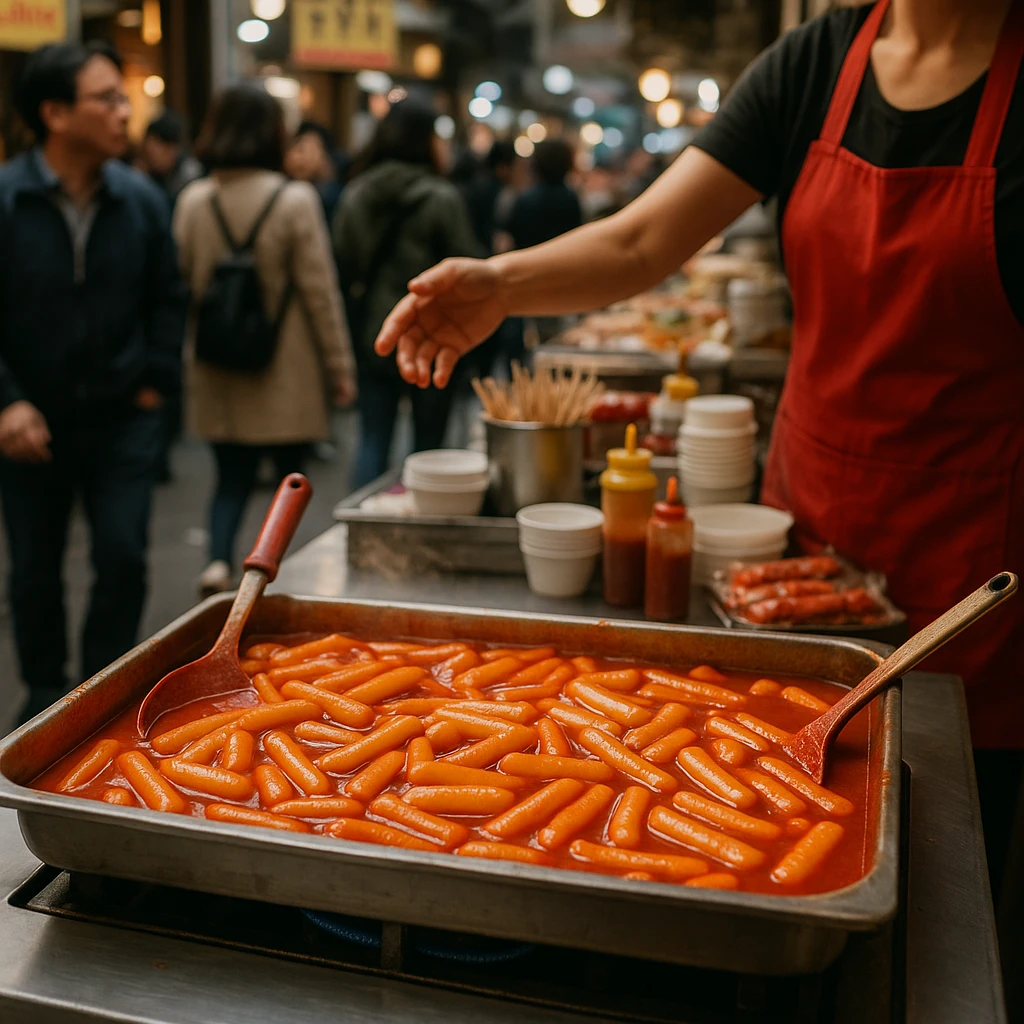 tteokbokki street food stall, tray of rice cakes, bustling atmosphere emoji