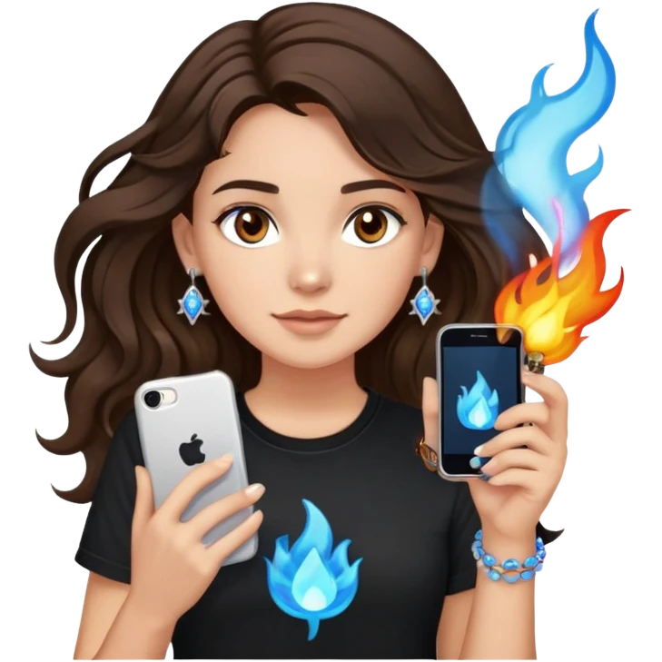 brunette girl with wavy medium length hair, brown eyes, light/medium skin tone, holding iPhone and light phone, wearing black tee shirt with flame pattern on it, small silver hoop earrings with blue gem stars, and colorful beaded charm necklace emoji