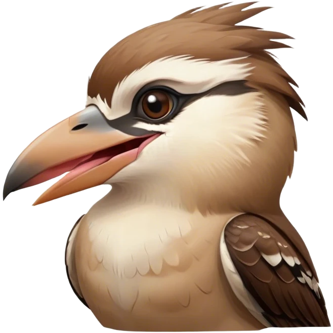 Cinematic Cute Yawning Kookaburra Portrait Emoji, Head tilted slightly with a dramatic, wide-open yawn, showcasing a soft, downy brown plumage with gently drooping wings and a relaxed beak, round eyes barely open in drowsy contentment, Simplified yet irresistibly adorable features, highly detailed, glowing with a soft, cozy glow, high shine, relaxed yet expressive, stylized with a touch of bushland charm, bright and endearing, soft glowing outline, capturing the essence of a sleepy yet affectionate kookaburra, so drowsy it feels like it could flutter out of the screen and curl up for a nap! emoji