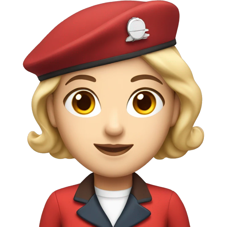 A white flight attendant in a red uniform and a red beret with brown eyes emoji