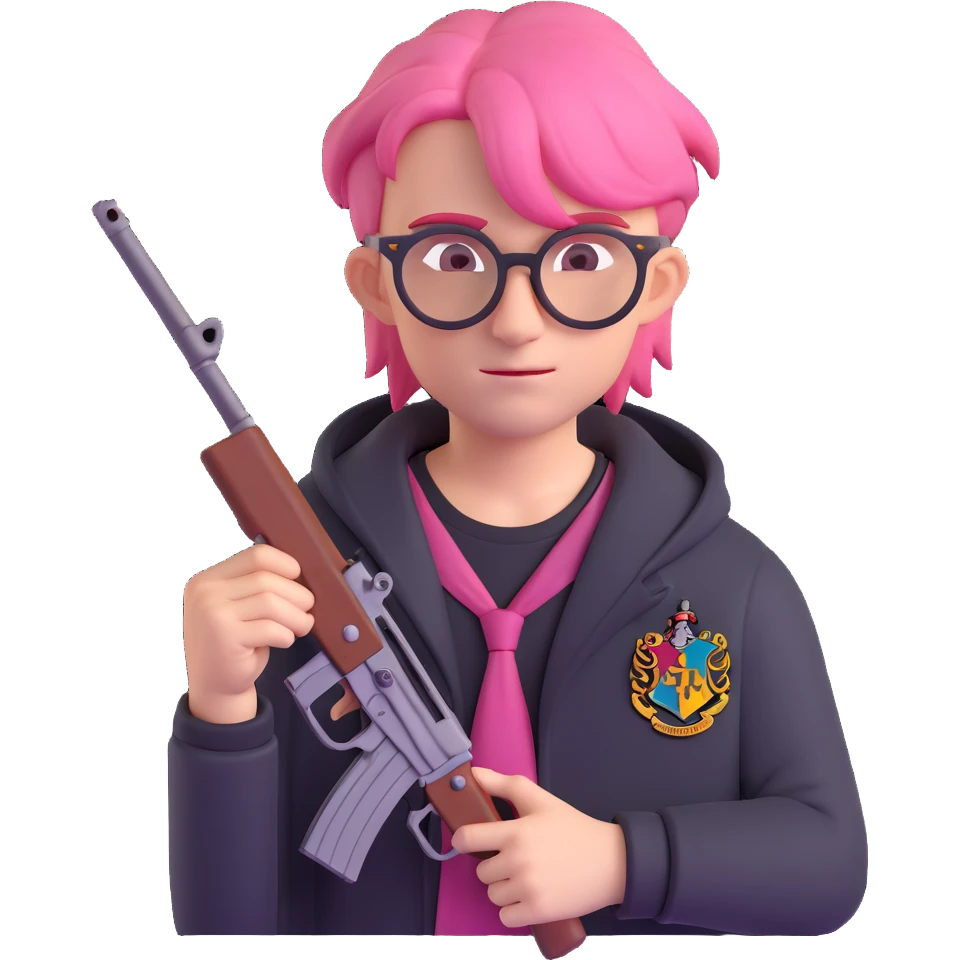 A punk guy with pink hair, wearing Harry Potter glasses, and holding an AK-47 emoji