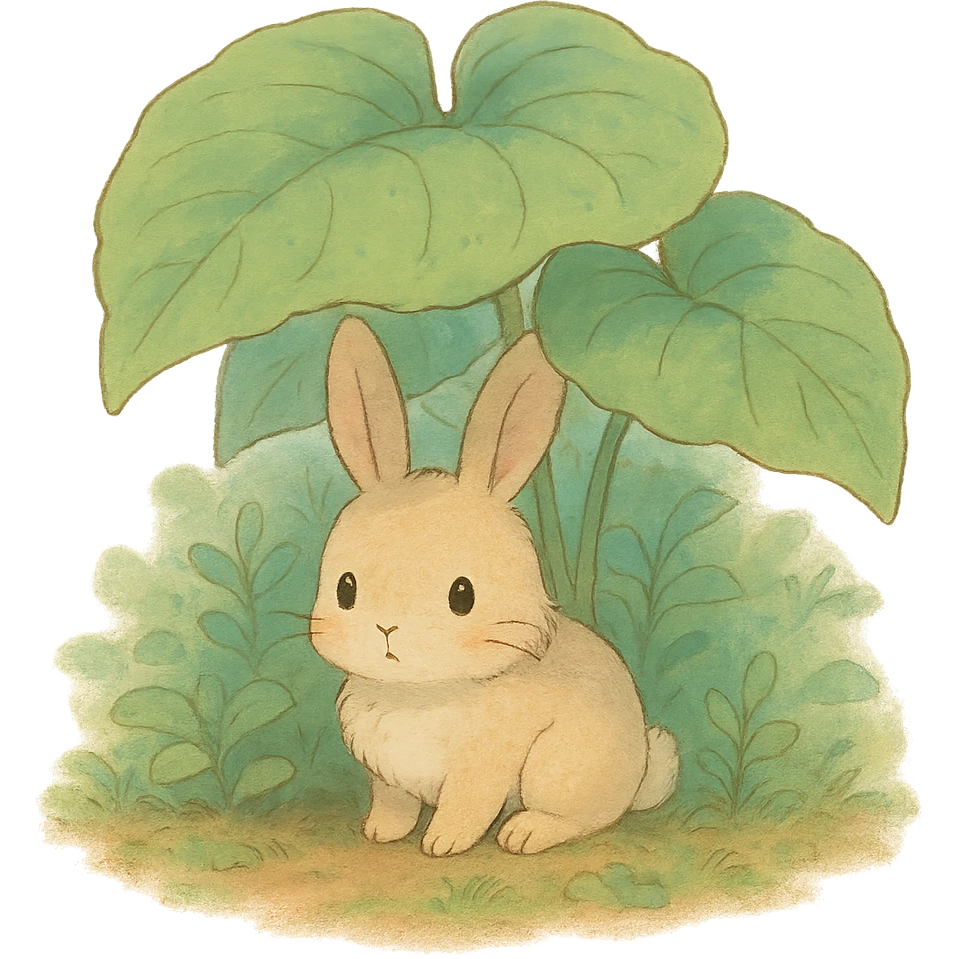 a bunny hiding under giant forest leaves, whimsical feel, soft pastel colors, ghibli style emoji