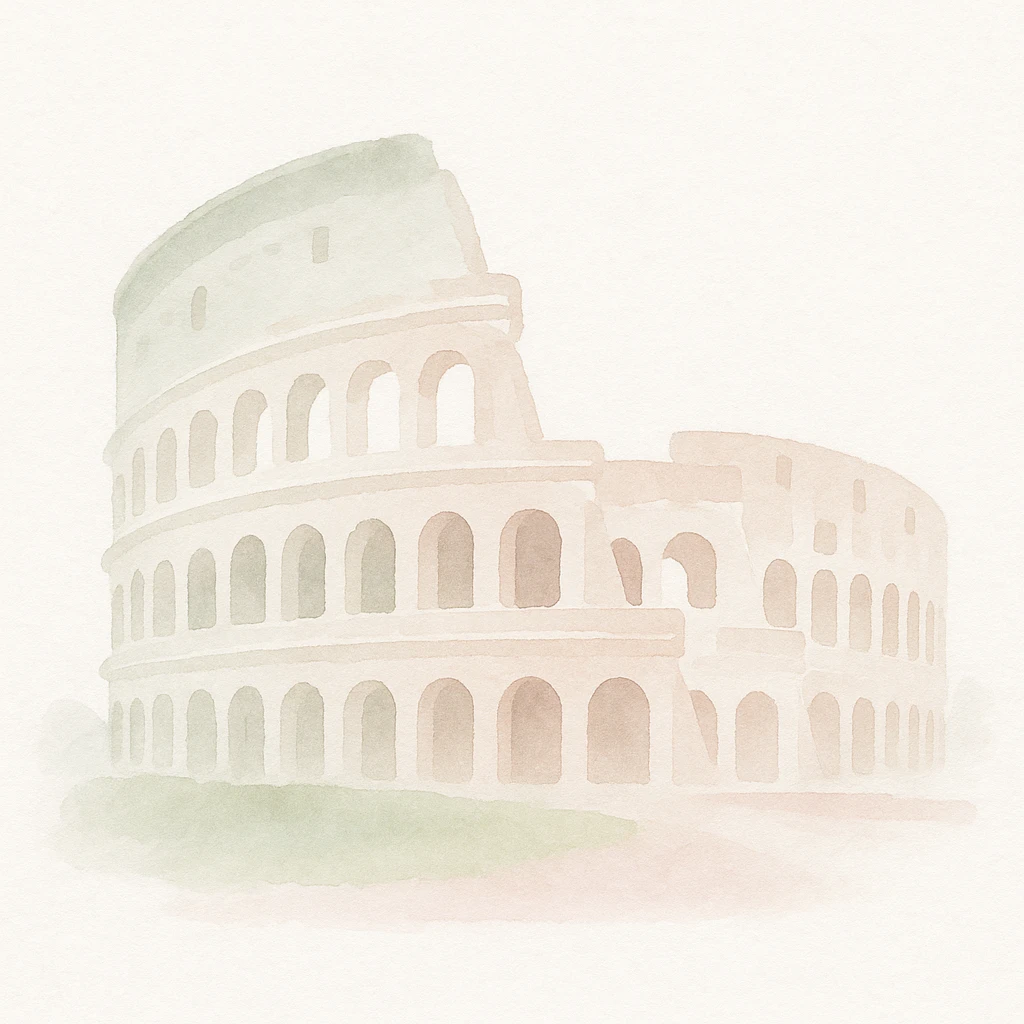 Colosseum in watercolor style with white, green, and pink pastel tones. emoji