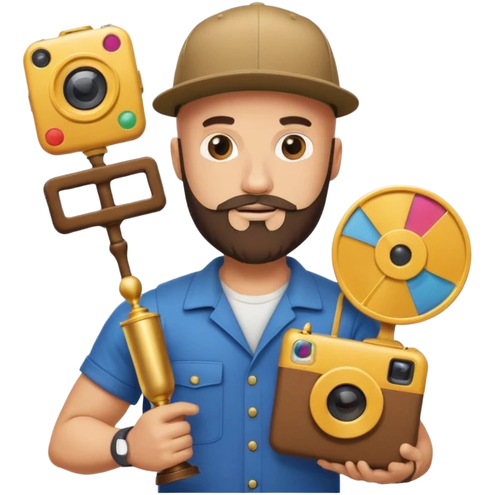 Strong bald man with beard and snapback, giant Instagram reel icon, stack of golden documents, trophy, minimal emoji emoji