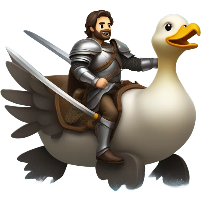 Confident armored White Man with dark brown hair and a short beard pointing forward with one arm holding a sword and yelling a battle charge while riding on the back of a giant duck emoji