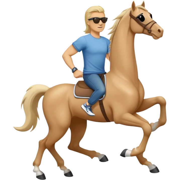 friendly anthropomorphised stallion in jeans and a t-shirt, wearing dark sunglasses, jogging upright in relaxed pose emoji