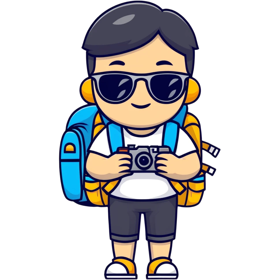 Asian tourist with backpack taking photos, sunglasses emoji