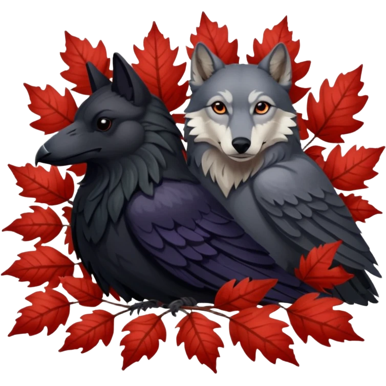 A raven bird and a wolf laying together with Weirwood leaves beneath them  emoji