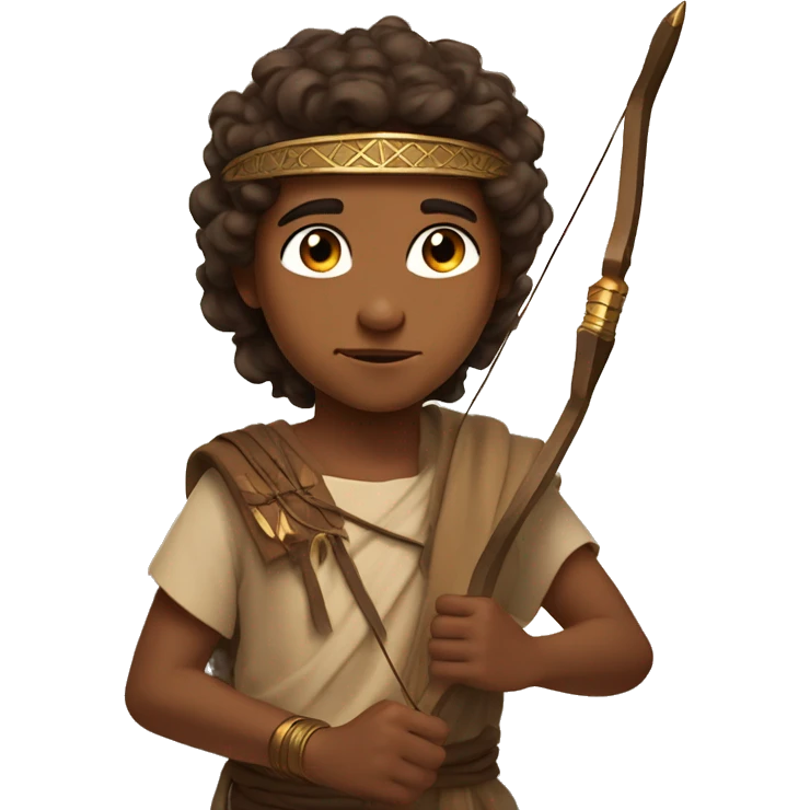 A Young Boy from the ancient Middle East with a brown headband, brown hair, brown skin, brown ancient Middle Eastern style clothes, using a bow and arrow and behind him is a Divine light. emoji