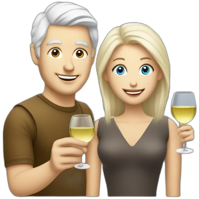 white man with blue eyes and grey hair toasting with a white wine together with white woman with brown eyes and blond hair and a white wine emoji
