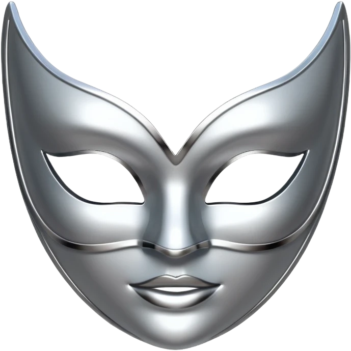 A sleek masquerade mask emoji made of polished silver chrome, smooth sensual curves, reflective metallic surface, mysterious sexy luxury vibe, minimal iOS emoji style, centered, clean white background emoji