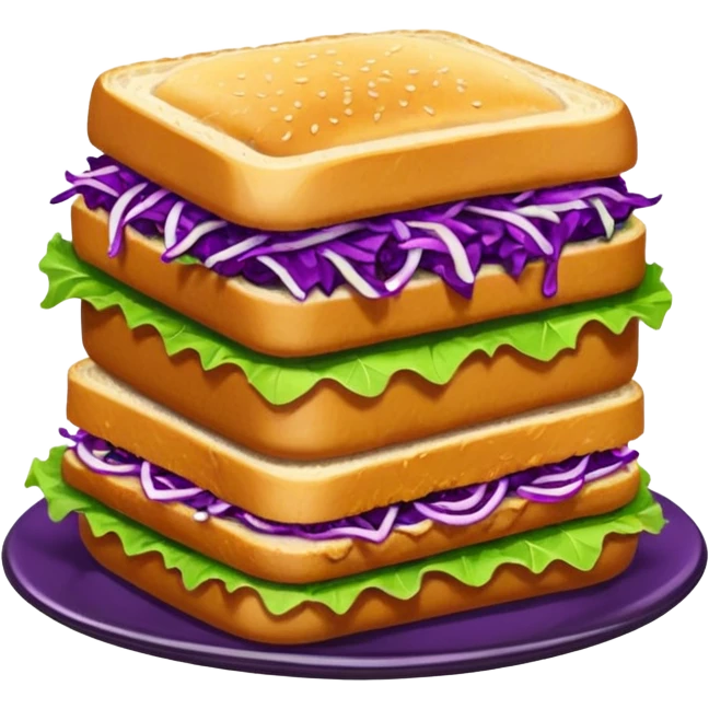Spicy stacked chicken sandwich — two thick golden toast slices, a crispy breaded chicken fillet, green lettuce, and purple cabbage slaw, with glossy dark sauce dripping down the sides. emoji