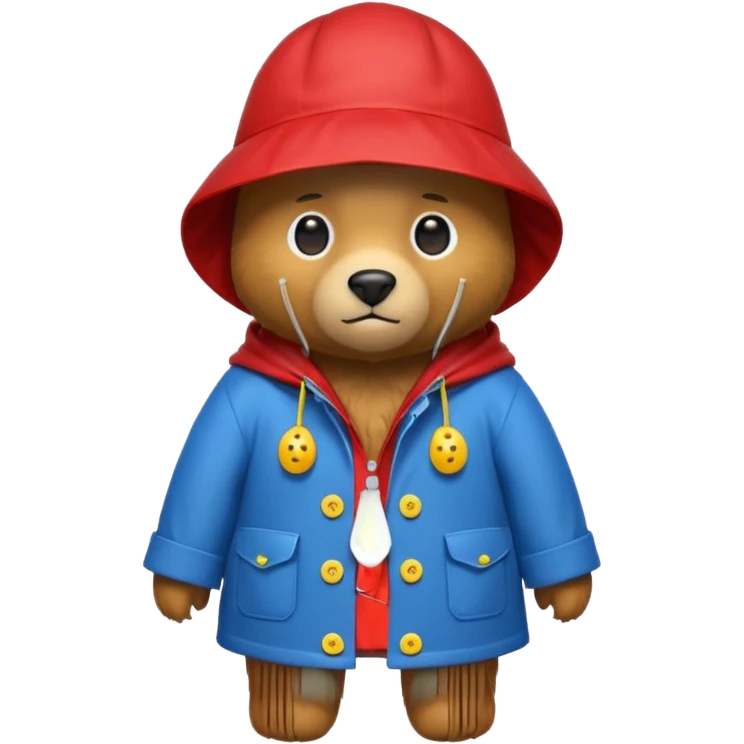 A bear in a red rain hat and a blue raincoat with yellow buttons down the middle emoji
