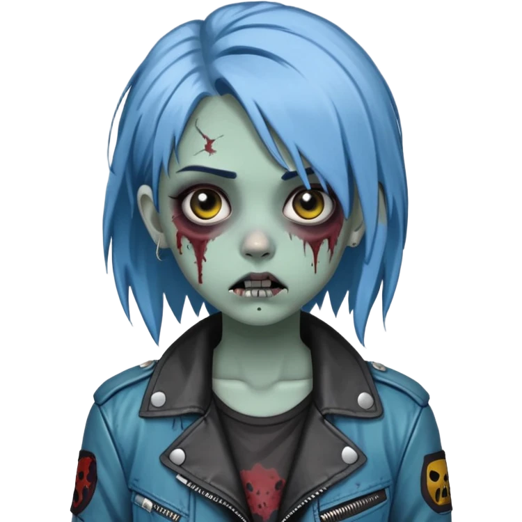 zombie teen girl with ashy blue hair, eye color black, grunge style or leather jacket emoji emoji