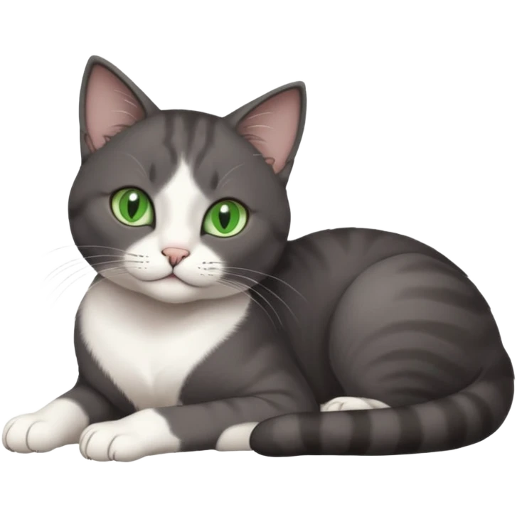 beautiful female solid dark grey cat with green eyes, white toes/paws and white patch on her chest lying down emoji