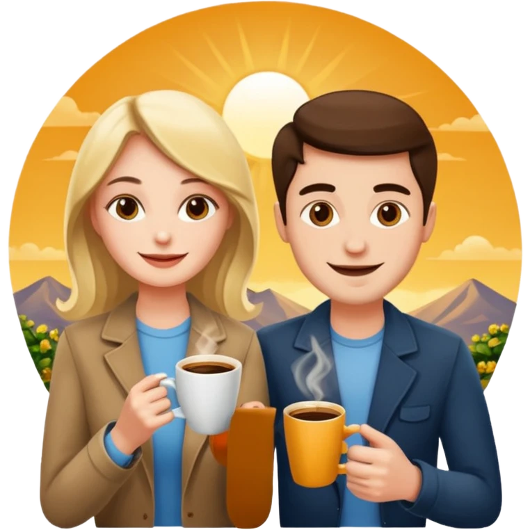 Man and a woman sitting in the sun with coffee emoji