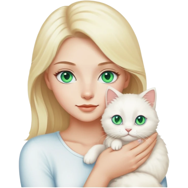 Mulher loira com olhos azuis segurando gatinho peludo branco de olhos verdes emoji