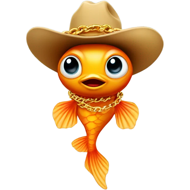 Alien wearing a cowboy hat and wearing a huge gold chain of a goldfish emoji