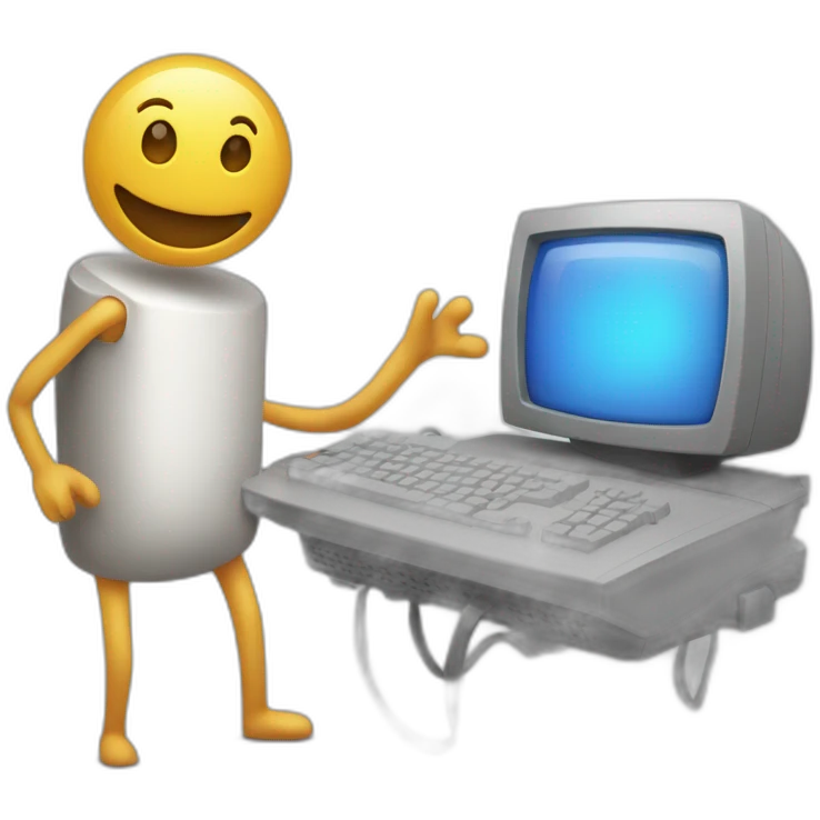 Anthropomorphic computer with arms and legs doing something random emoji