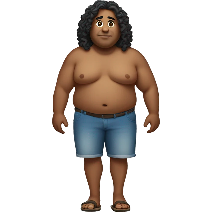 A fat man with long curly hair with sandals in the hand emoji