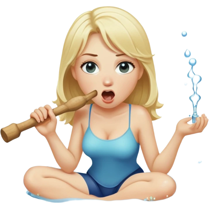 blond woman sitting on her knees, biting a wide stick with a D-shaped knob, both the same color as her skin, the knob has visible skin texture, water jet shooting from the flat side of the knob into her mouth, surprised look emoji